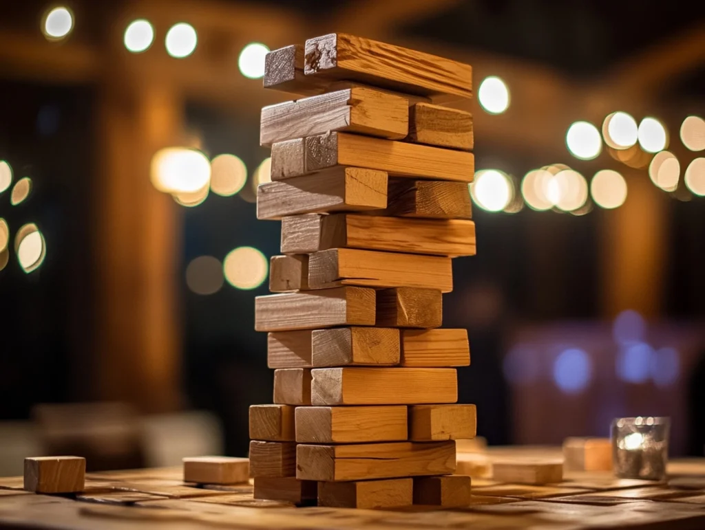 Giant tumble tower game on a table